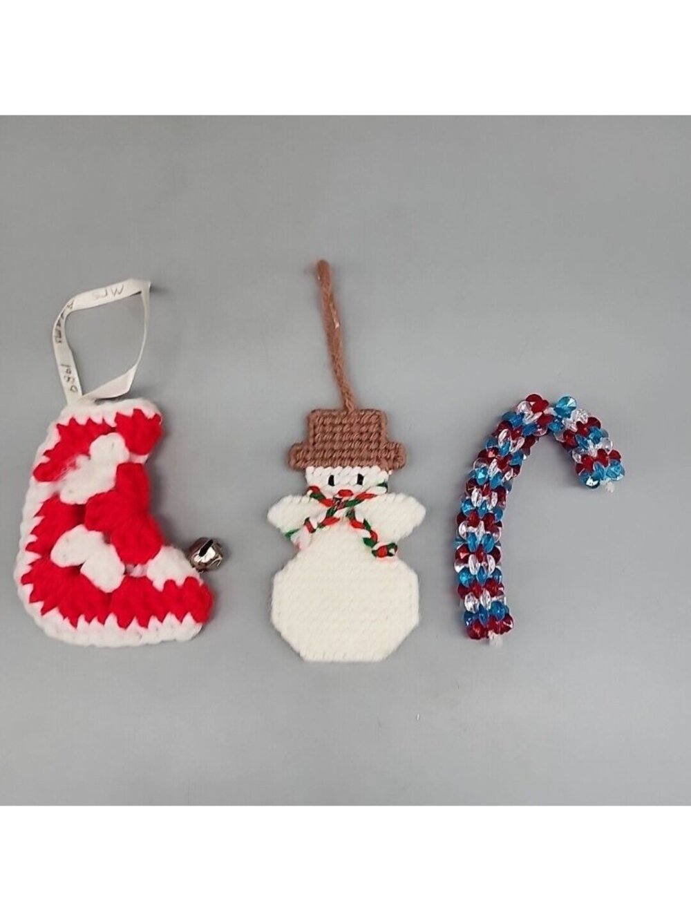 Vintage 3 Ornaments Stocking Snowman Candy Cane Christmas